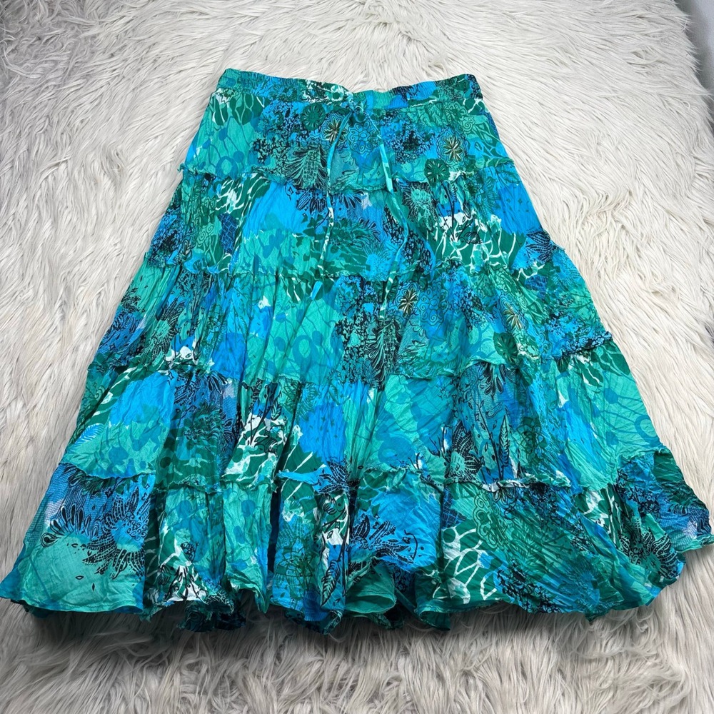Silver Stream Women's OS Green Blue Tiered Floral A-Line Skirt Boho Artsy Fairy